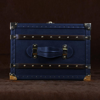 Luxurious Blue Leather & Brass Amorous Jewellery Trunk with Teak Finish