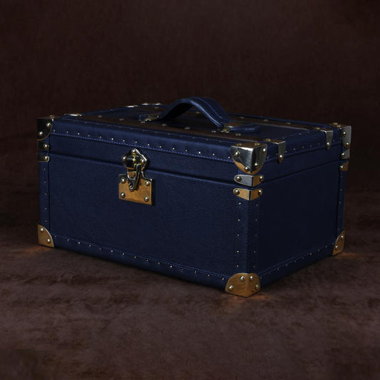 Luxurious Blue Leather & Brass Amorous Jewellery Trunk with Teak Finish