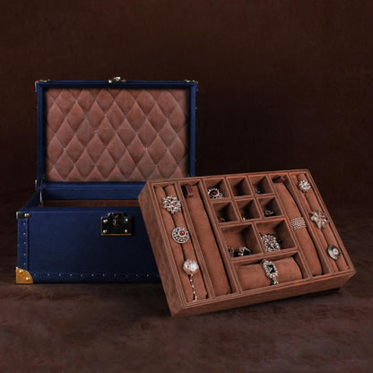Luxurious Blue Leather & Brass Amorous Jewellery Trunk with Teak Finish