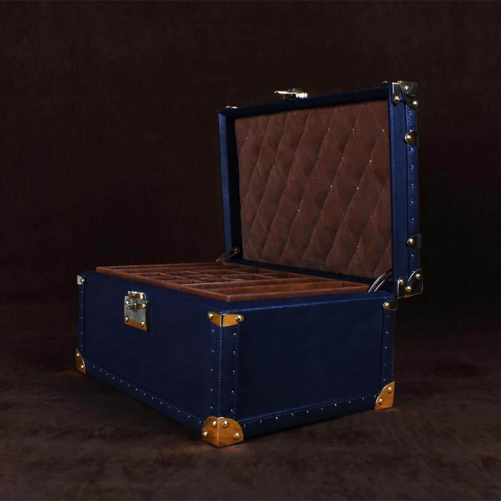 Luxurious Blue Leather & Brass Amorous Jewellery Trunk with Teak Finish