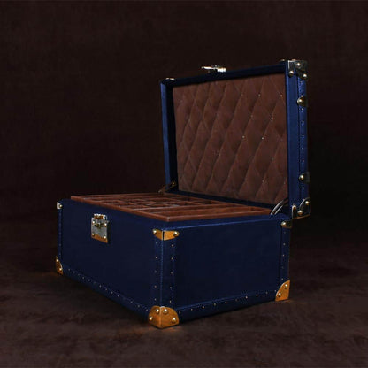 Luxurious Blue Leather & Brass Amorous Jewellery Trunk with Teak Finish