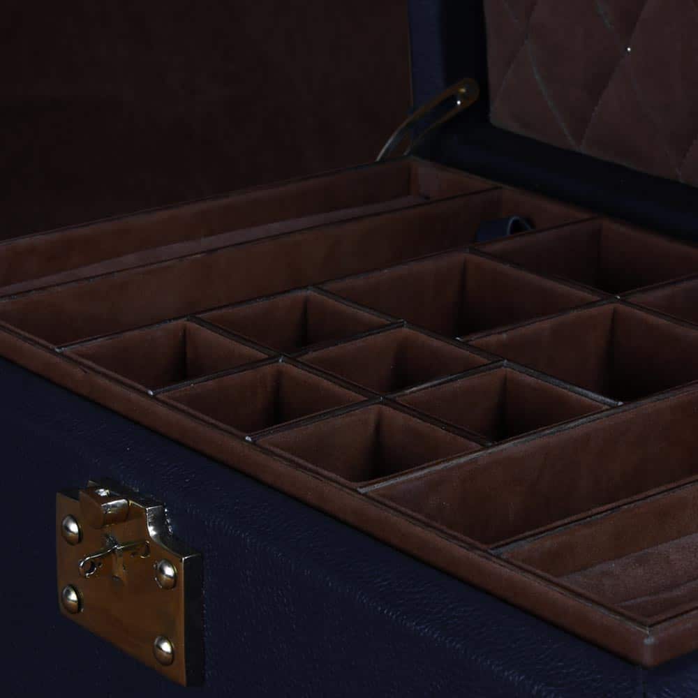 Luxurious Blue Leather & Brass Amorous Jewellery Trunk with Teak Finish