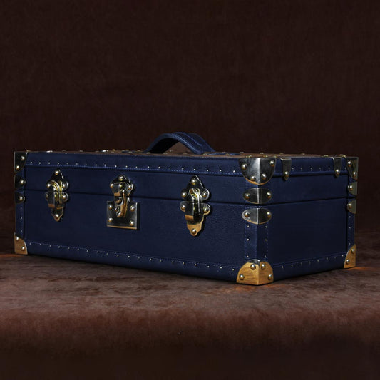 Elegant Blue Leather Petite Wine Trunk with Brass Accents