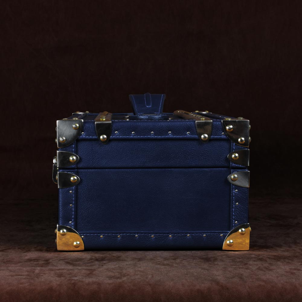 Elegant Blue Leather Petite Wine Trunk with Brass Accents