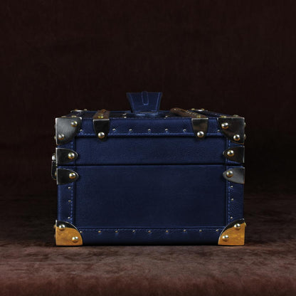 Elegant Blue Leather Petite Wine Trunk with Brass Accents