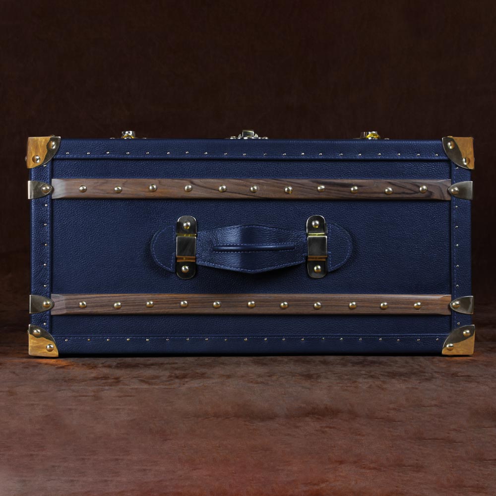 Elegant Blue Leather Petite Wine Trunk with Brass Accents