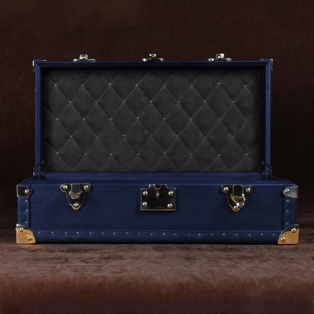 Elegant Blue Leather Petite Wine Trunk with Brass Accents