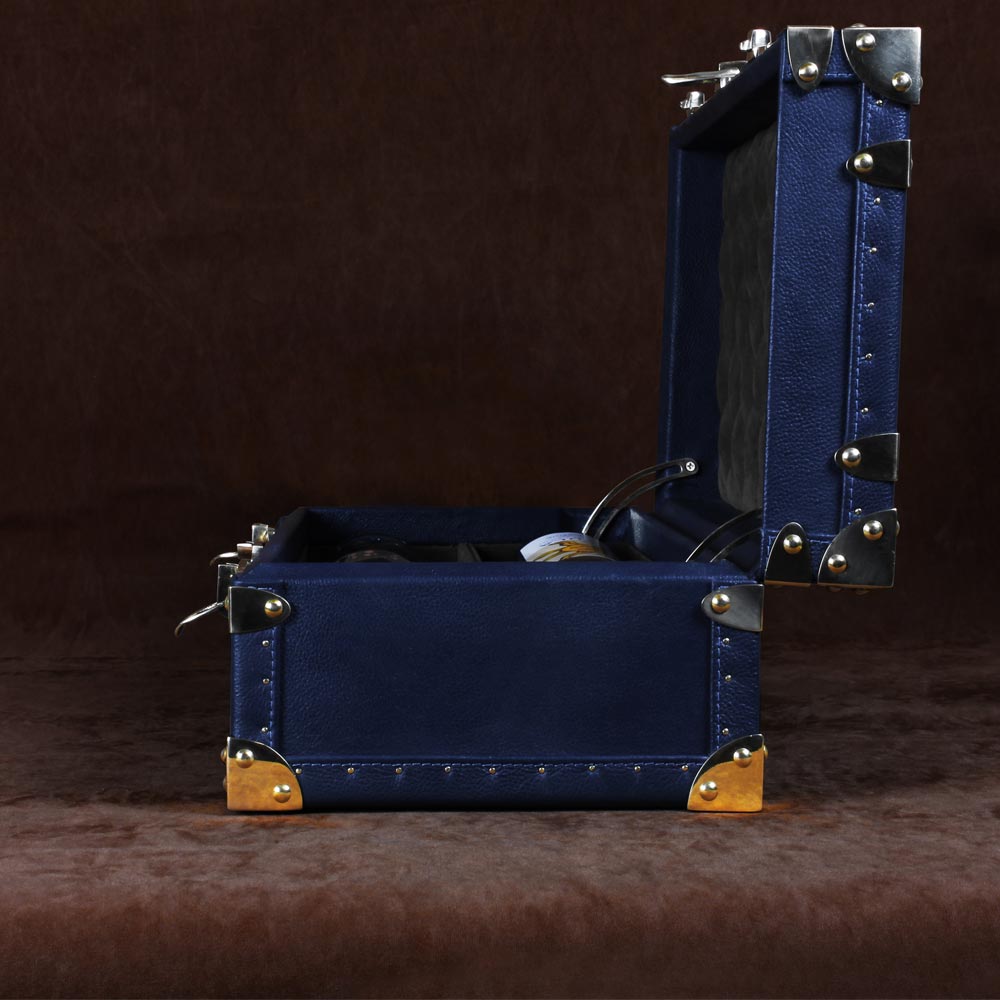 Elegant Blue Leather Petite Wine Trunk with Brass Accents
