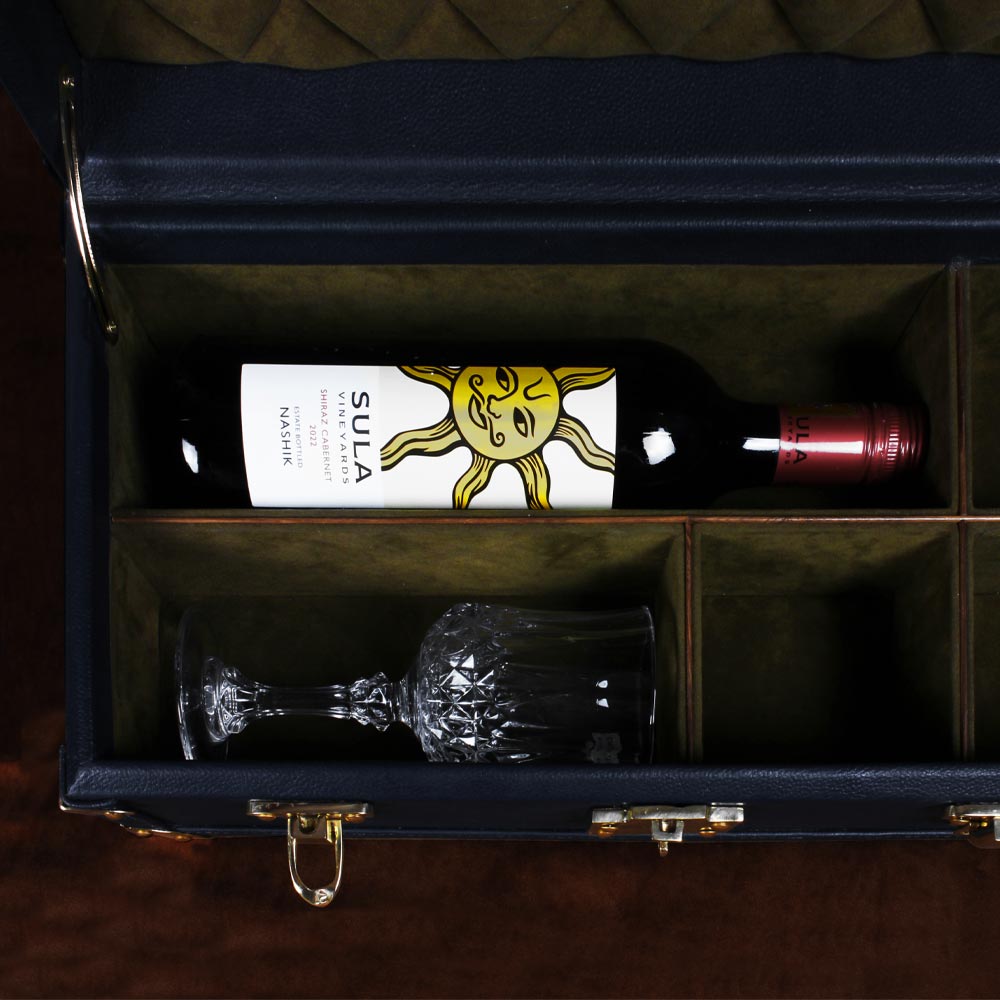 Elegant Blue Leather Petite Wine Trunk with Brass Accents
