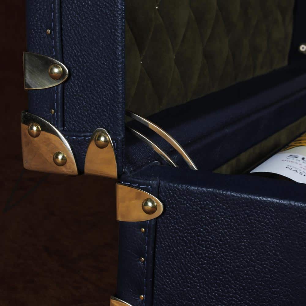 Elegant Blue Leather Petite Wine Trunk with Brass Accents
