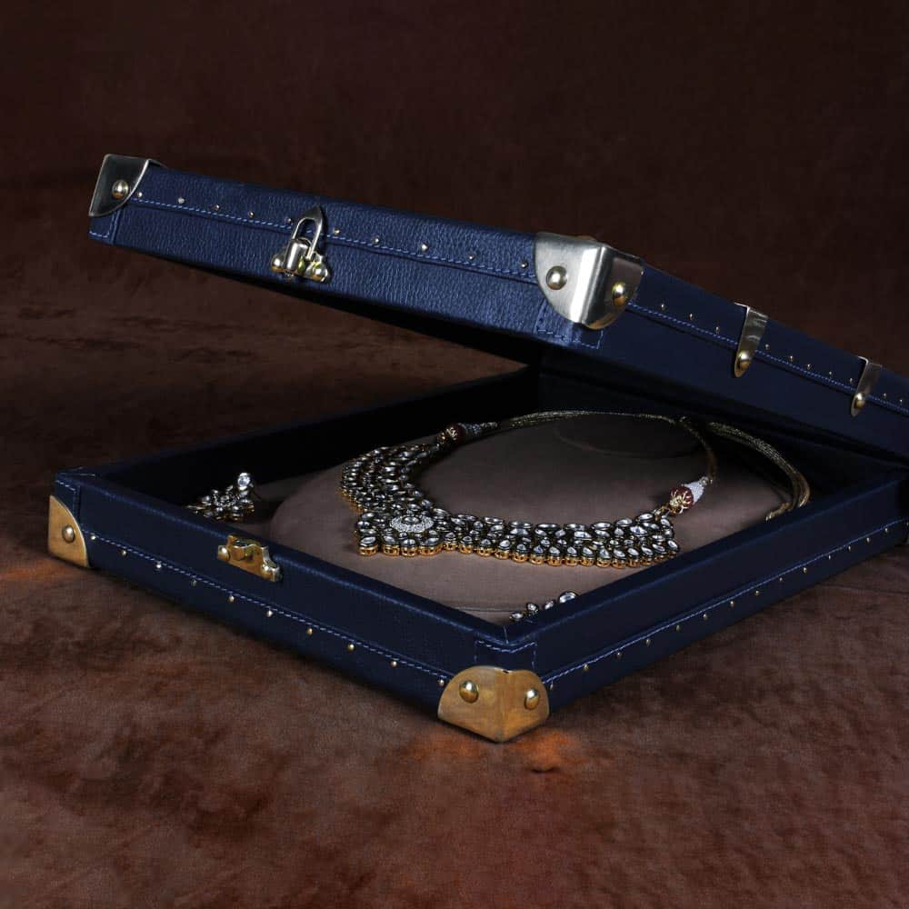 Luxury Blue Leather Necklace Trunk with Velvet Lining