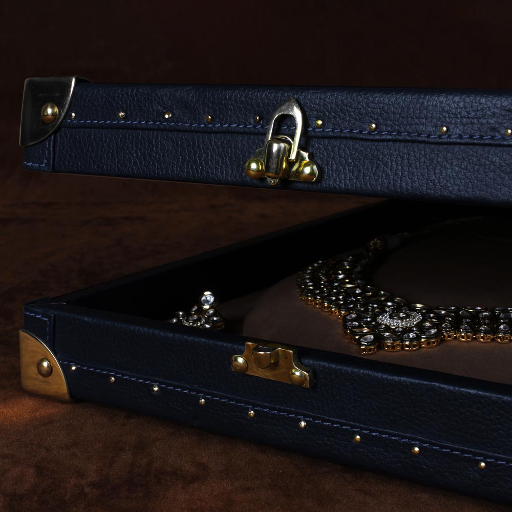 Luxury Blue Leather Necklace Trunk with Velvet Lining