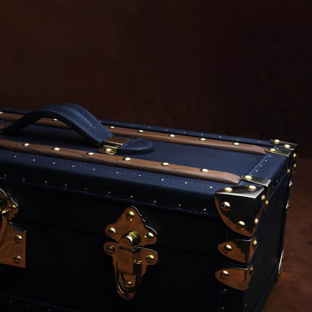 Elegant Blue Leather Petite Wine Trunk with Brass Accents