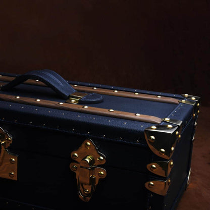 Elegant Blue Leather Petite Wine Trunk with Brass Accents