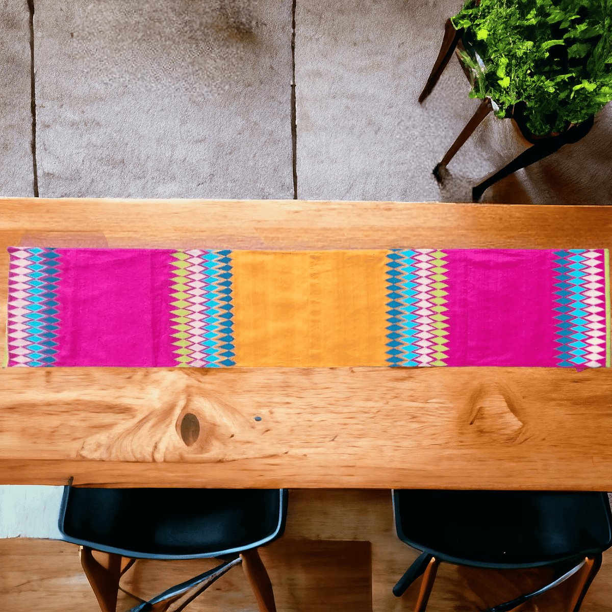 Ikat Silk Dupion Table Runner – Hot Pink with Multicolour Ikat Embroidered Border | 2 Sizes