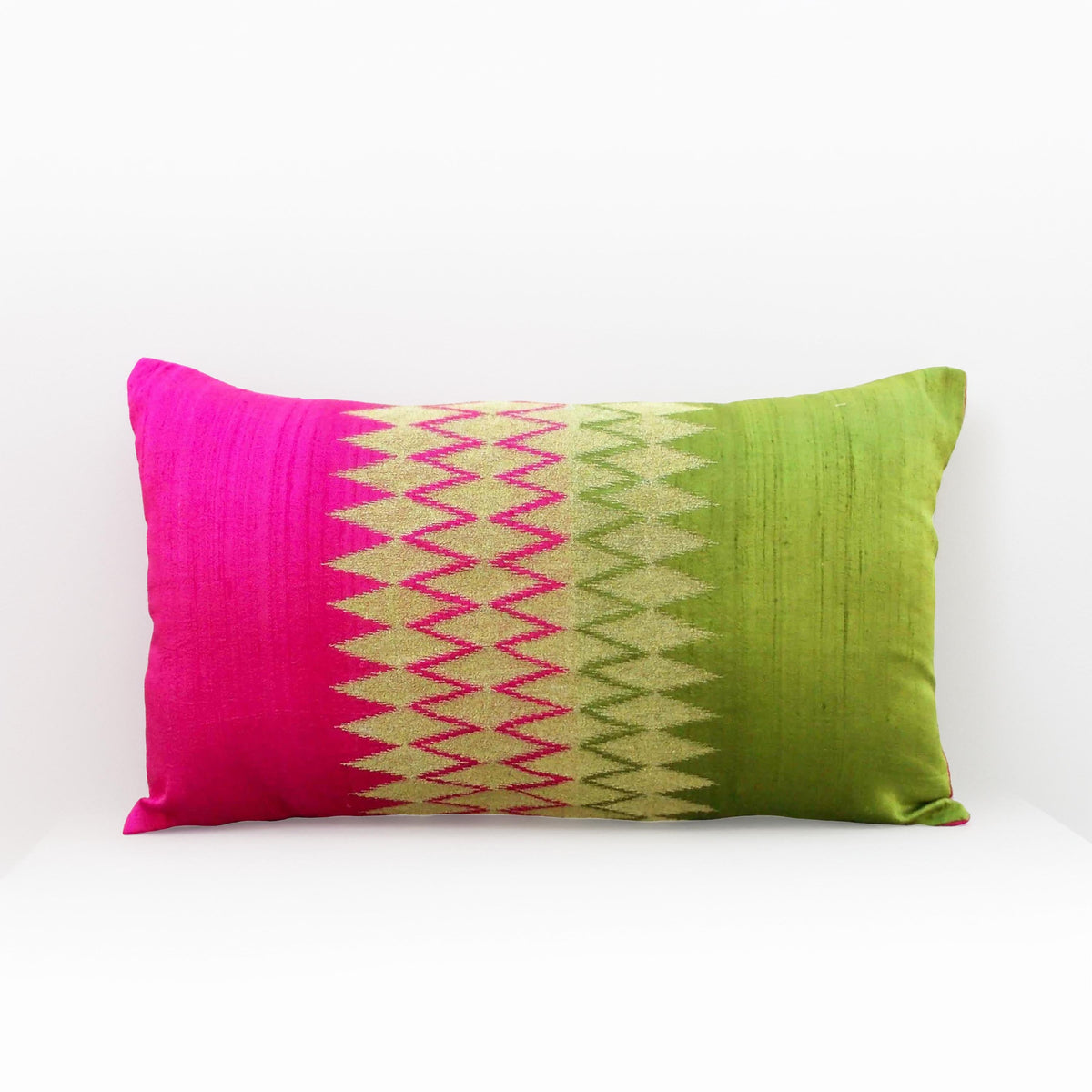Ikat Silk Dupion Cushion Cover – Hot Pink & Lime Green Colour Block with Gold Zari Embroidery | 4 Sizes