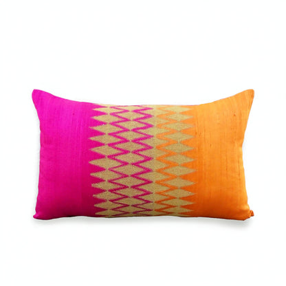 Ikat Silk Dupion Cushion Cover – Hot Pink & Amber Orange Colour Block with Gold Zari Embroidery | 4 Sizes