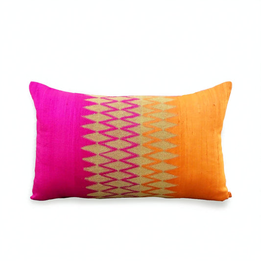 Ikat Silk Dupion Cushion Cover – Hot Pink & Amber Orange Colour Block with Gold Zari Embroidery | 4 Sizes
