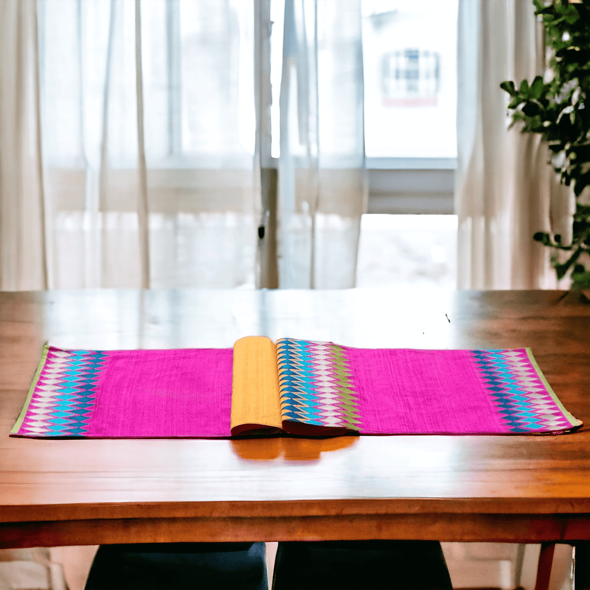 Ikat Silk Dupion Table Runner – Hot Pink with Multicolour Ikat Embroidered Border | 2 Sizes