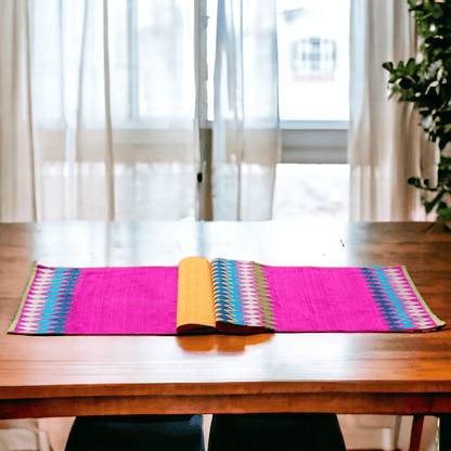 Ikat Silk Dupion Table Runner – Hot Pink with Multicolour Ikat Embroidered Border | 2 Sizes