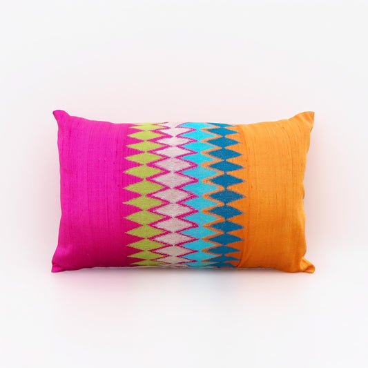 Hot Pink & Orange Silk Ikat Pillow Cover with Embroidery