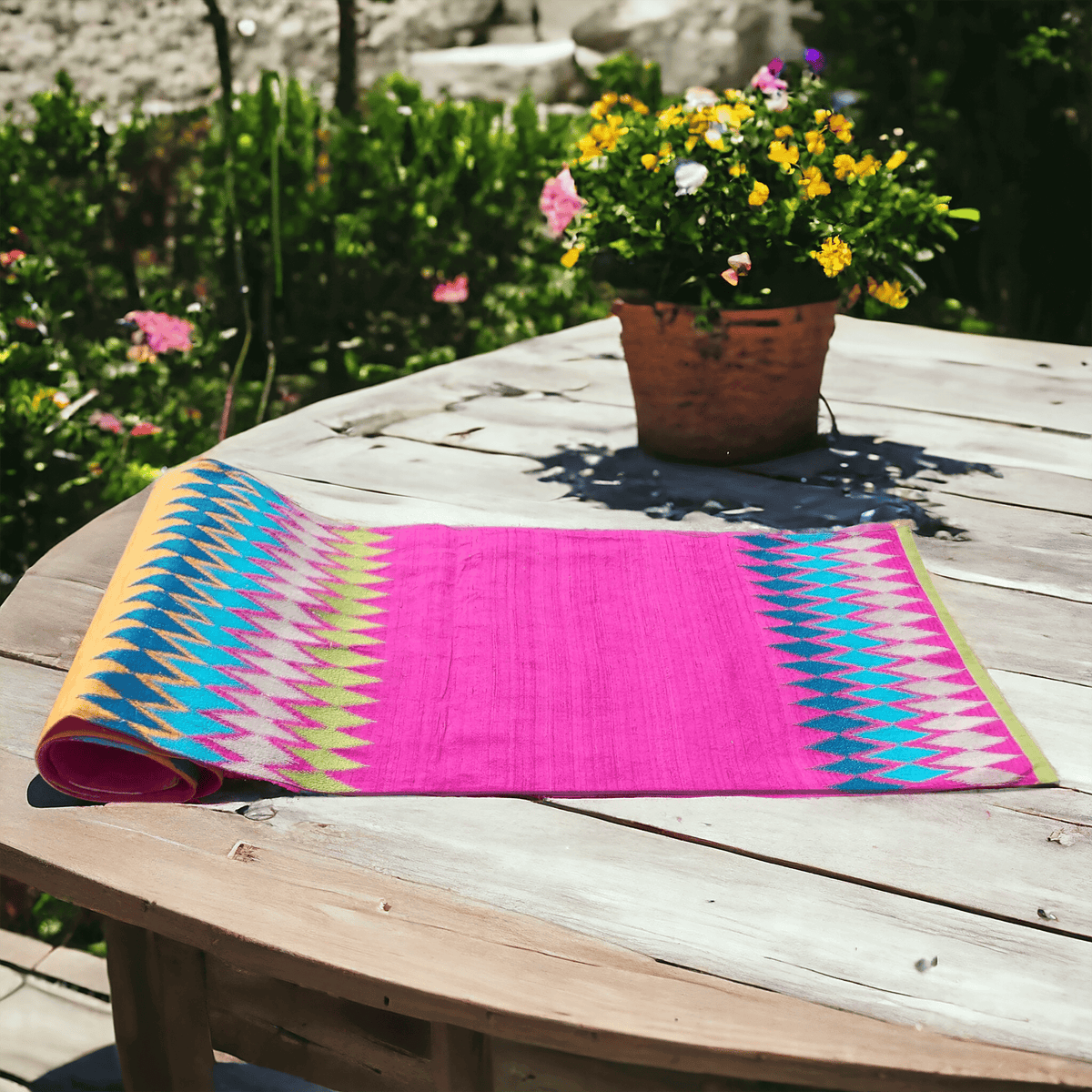 Ikat Silk Dupion Table Runner – Hot Pink with Multicolour Ikat Embroidered Border | 2 Sizes