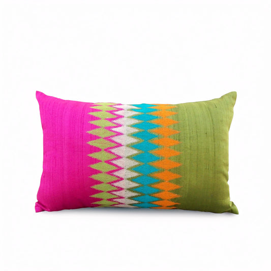 Hot Pink Green Pure Silk Ikat Embroidered Oblong Pillow Cover