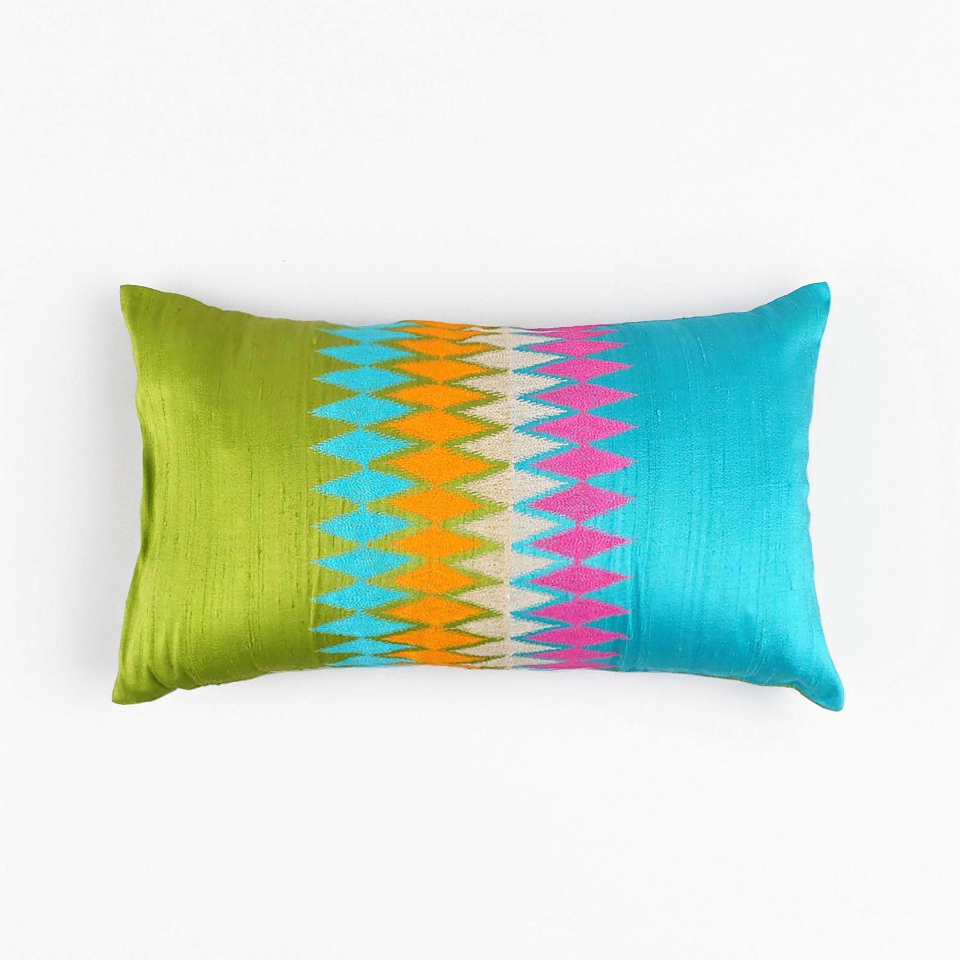Vliving Silk Ikat Pillow Cover – Blue Green Multicolour Embroidery