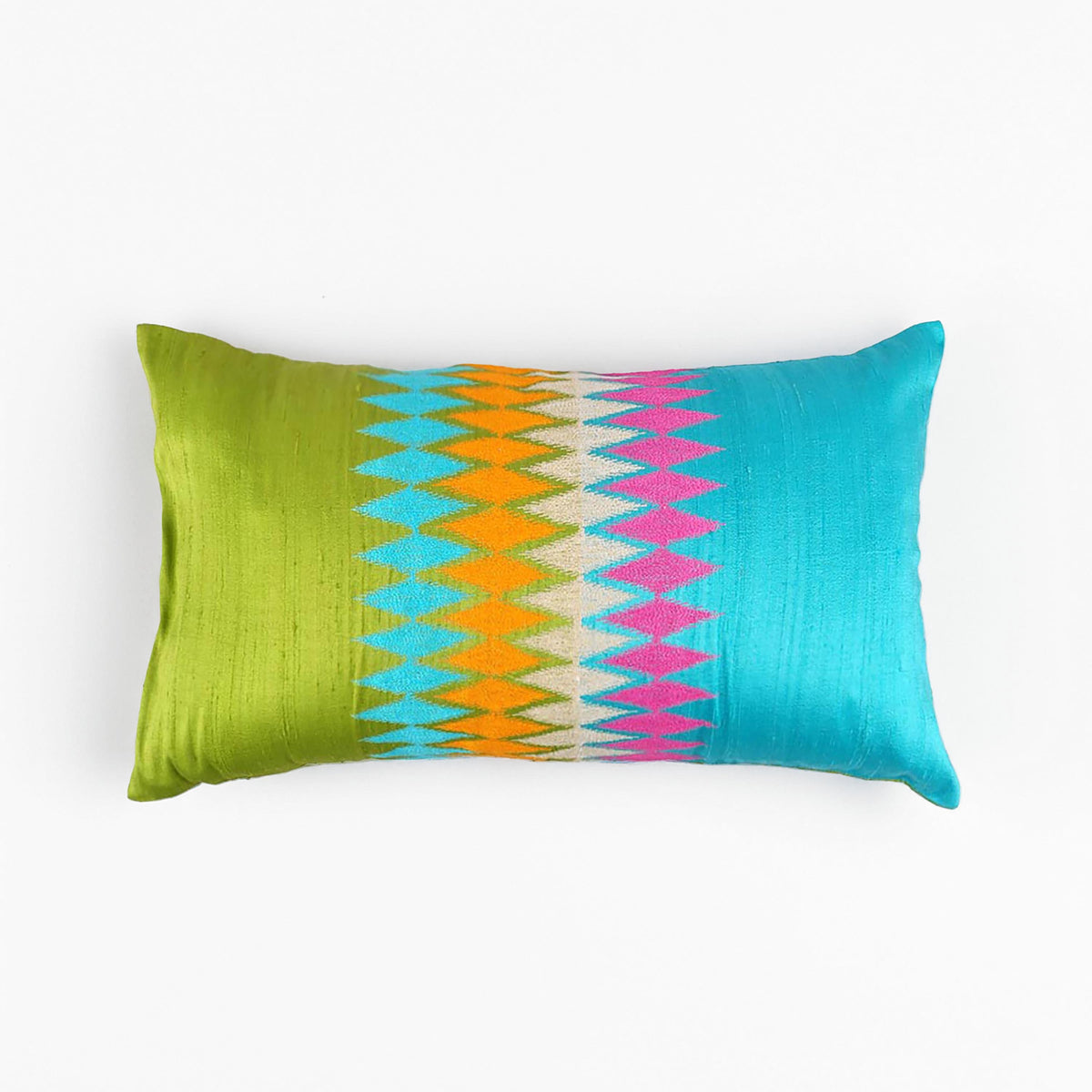 Ikat Silk Dupion Cushion Cover – Lime Green & Turquoise with Multicolour Ikat Embroidery | 4 Sizes