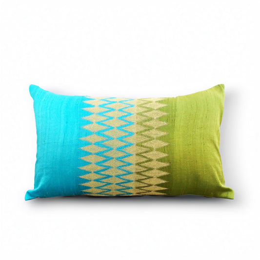 Turquoise Green Ikat Silk Lumbar Pillow Cover with Gold Zari