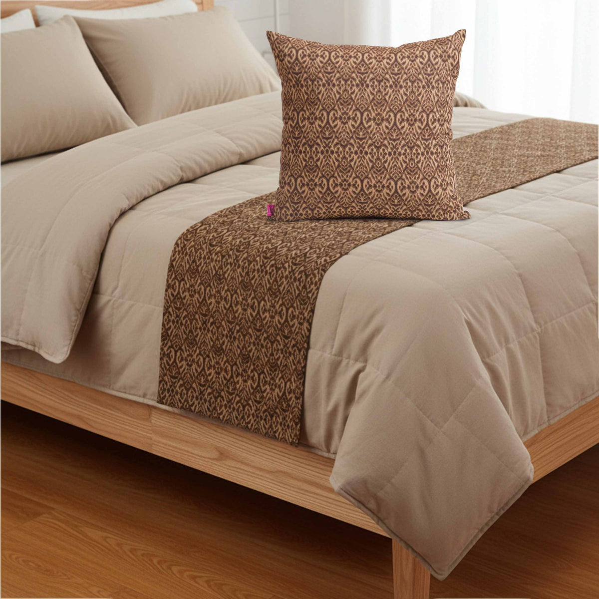 IKAT PRINT - Brown colour cotton Bed runner set - King / Queen / Twin Size