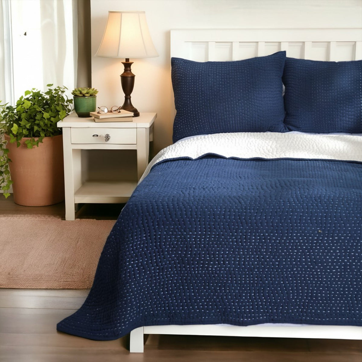 Indigo Kantha Quilted Bed Set | Hand Quilted 4-Layer Muslin Gauze | Twin, Queen & King