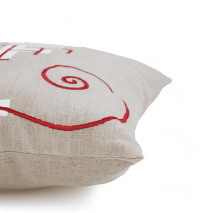 JOYFUL Christmas Linen Pillow Cover: Modern Retro Embroidered Red & White Design