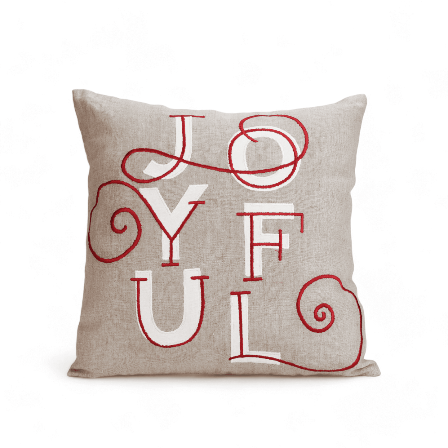 JOYFUL Christmas Linen Pillow Cover: Modern Retro Embroidered Red & White Design