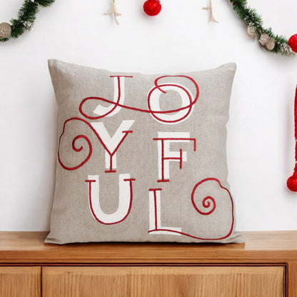 JOYFUL Christmas Linen Pillow Cover: Modern Retro Embroidered Red & White Design