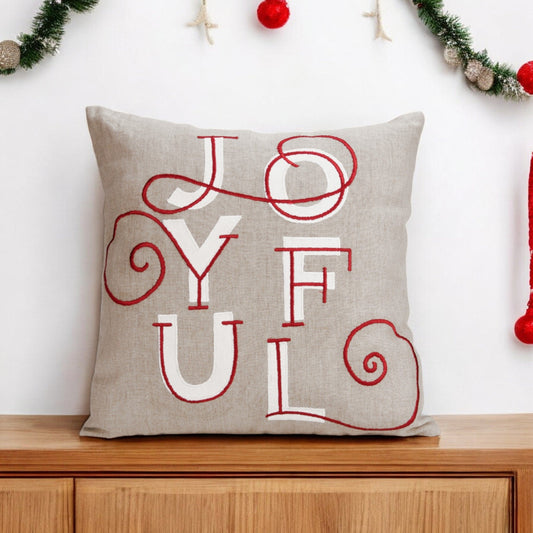 JOYFUL Christmas Linen Pillow Cover: Modern Retro Embroidered Red & White Design