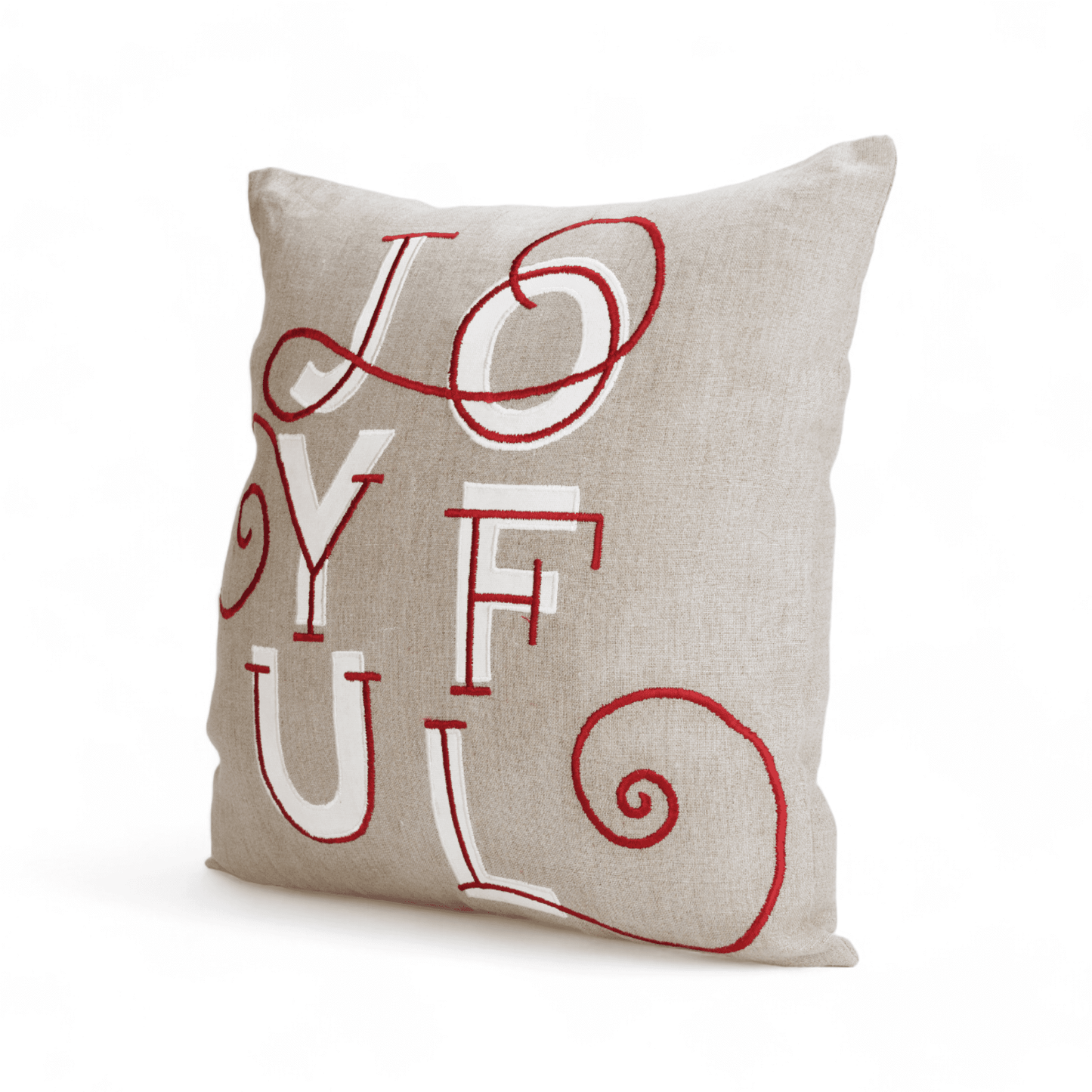 JOYFUL Christmas Linen Pillow Cover: Modern Retro Embroidered Red & White Design