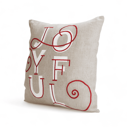 JOYFUL Christmas Linen Pillow Cover: Modern Retro Embroidered Red & White Design