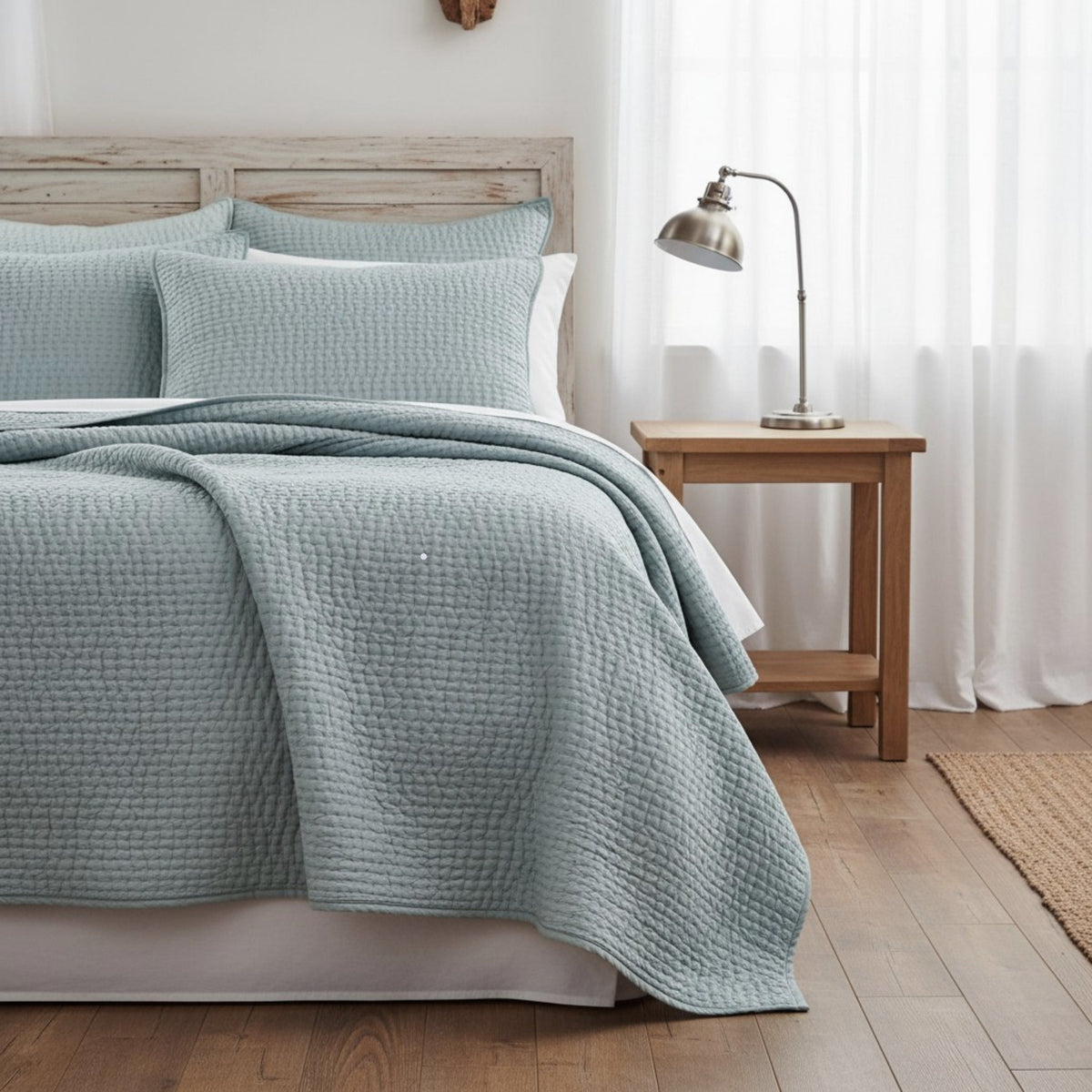 Duck Egg Kantha Quilted Bed Set | Hand Quilted Cotton Voile | Twin, Queen & King Sizes