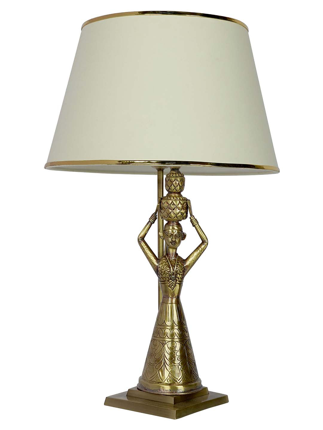 Antique Rajasthani Kalash Belle Brass Table Lamp with Off White Tapered Fabric Shade