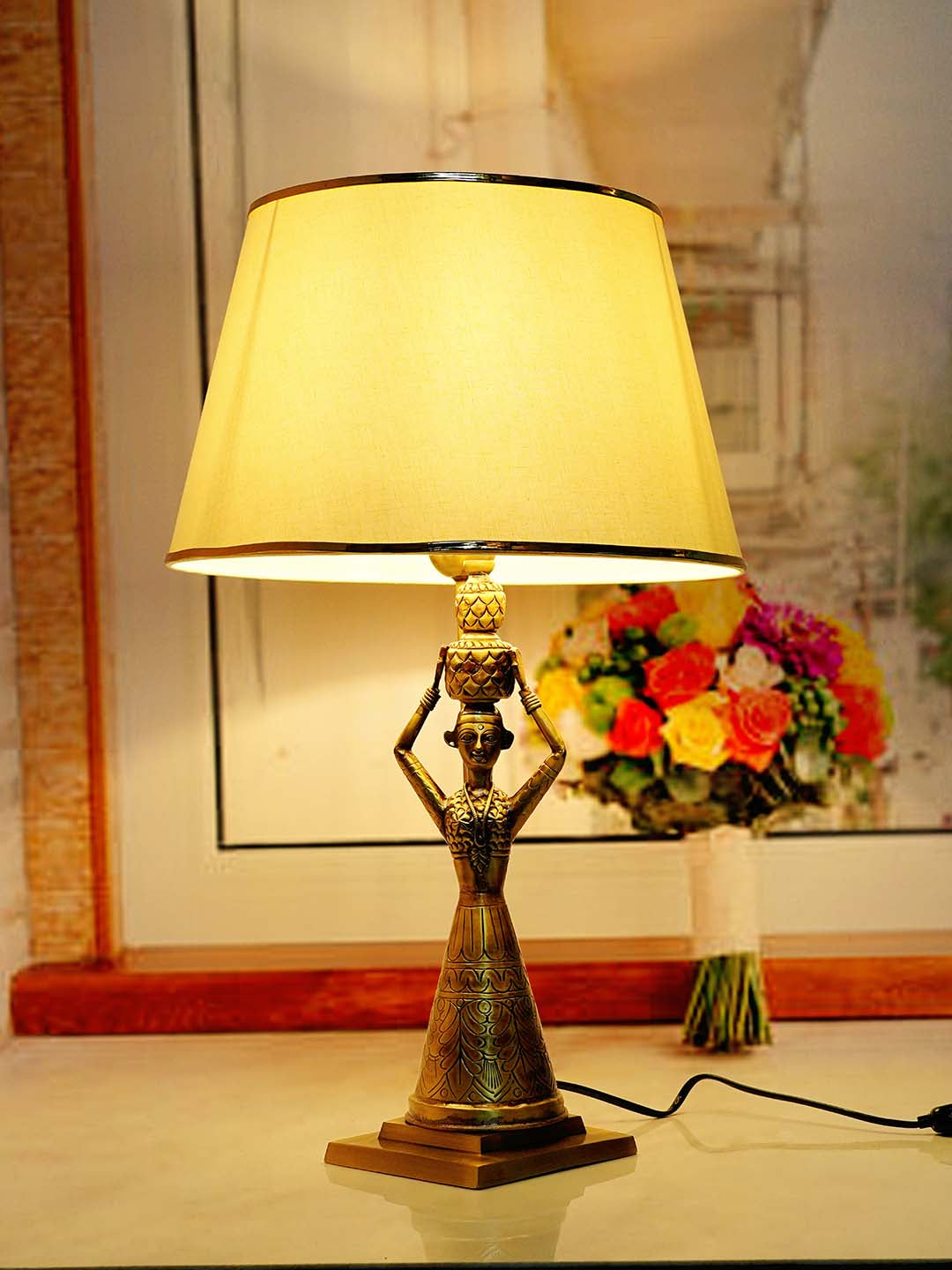 Antique Rajasthani Kalash Belle Brass Table Lamp with Off White Tapered Fabric Shade