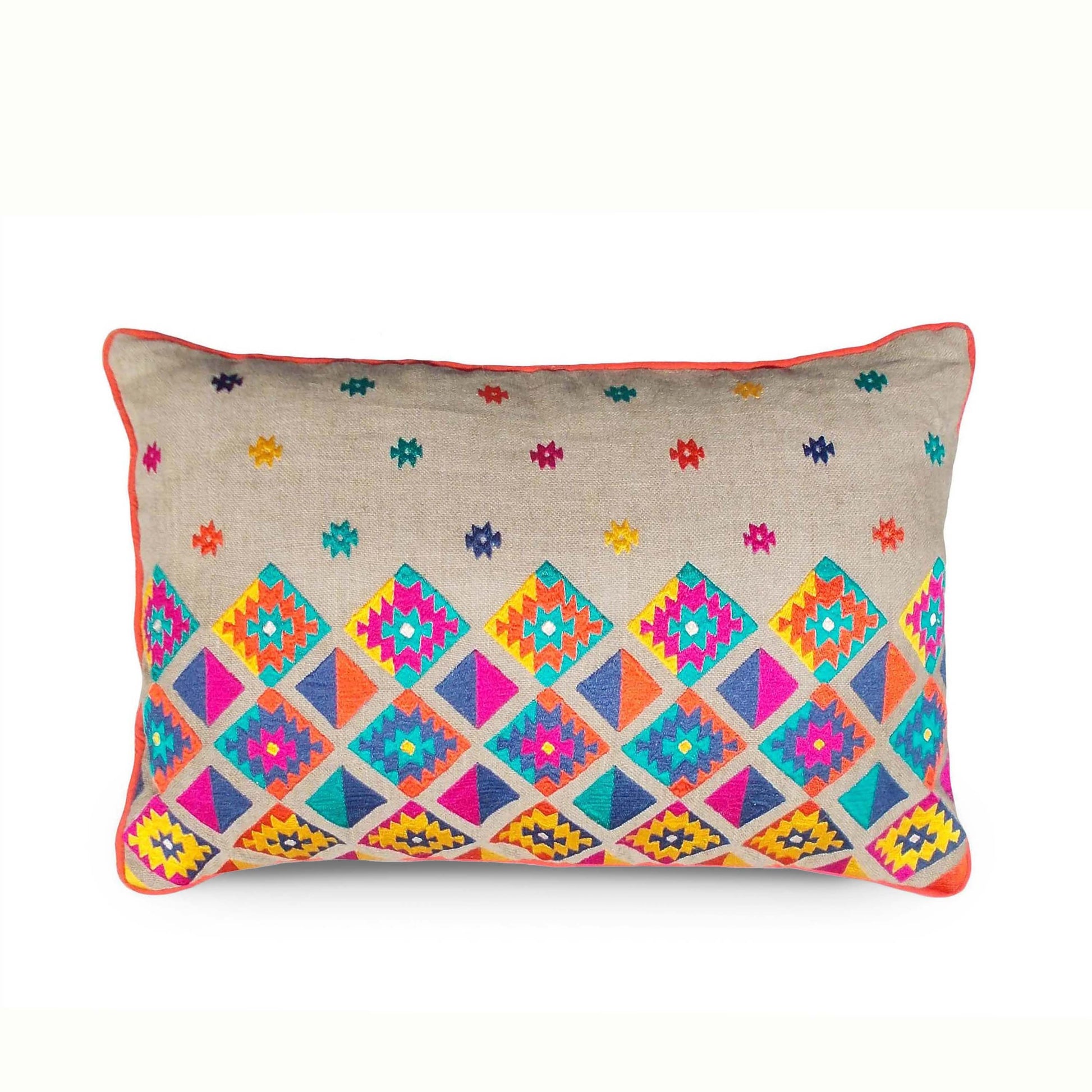 Vliving Folk Kilim Embroidered Diamond Cushion Cover – Pure Linen