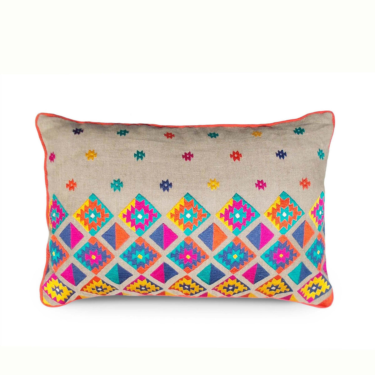 Folk Kilim Diamond Embroidered Linen Cushion Cover