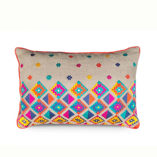 Folk Kilim Diamond Embroidered Linen Cushion Cover