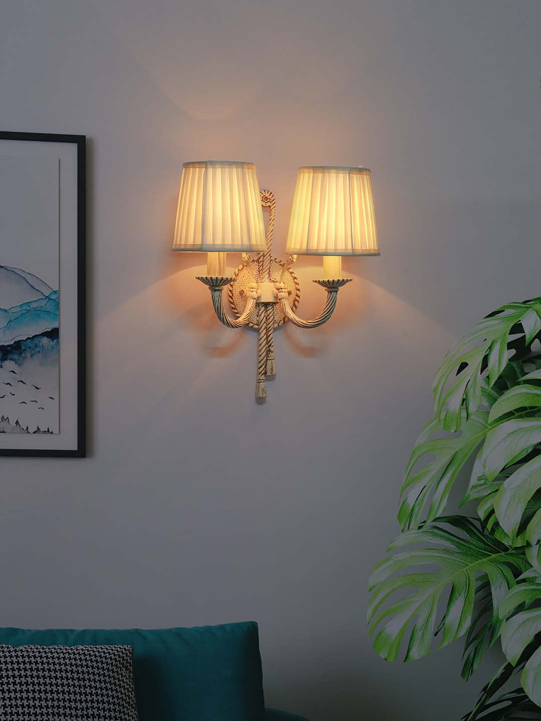 Distressed Creme Antique Aluminium Fabric 2-Light Wall Sconce – 35.6 cm