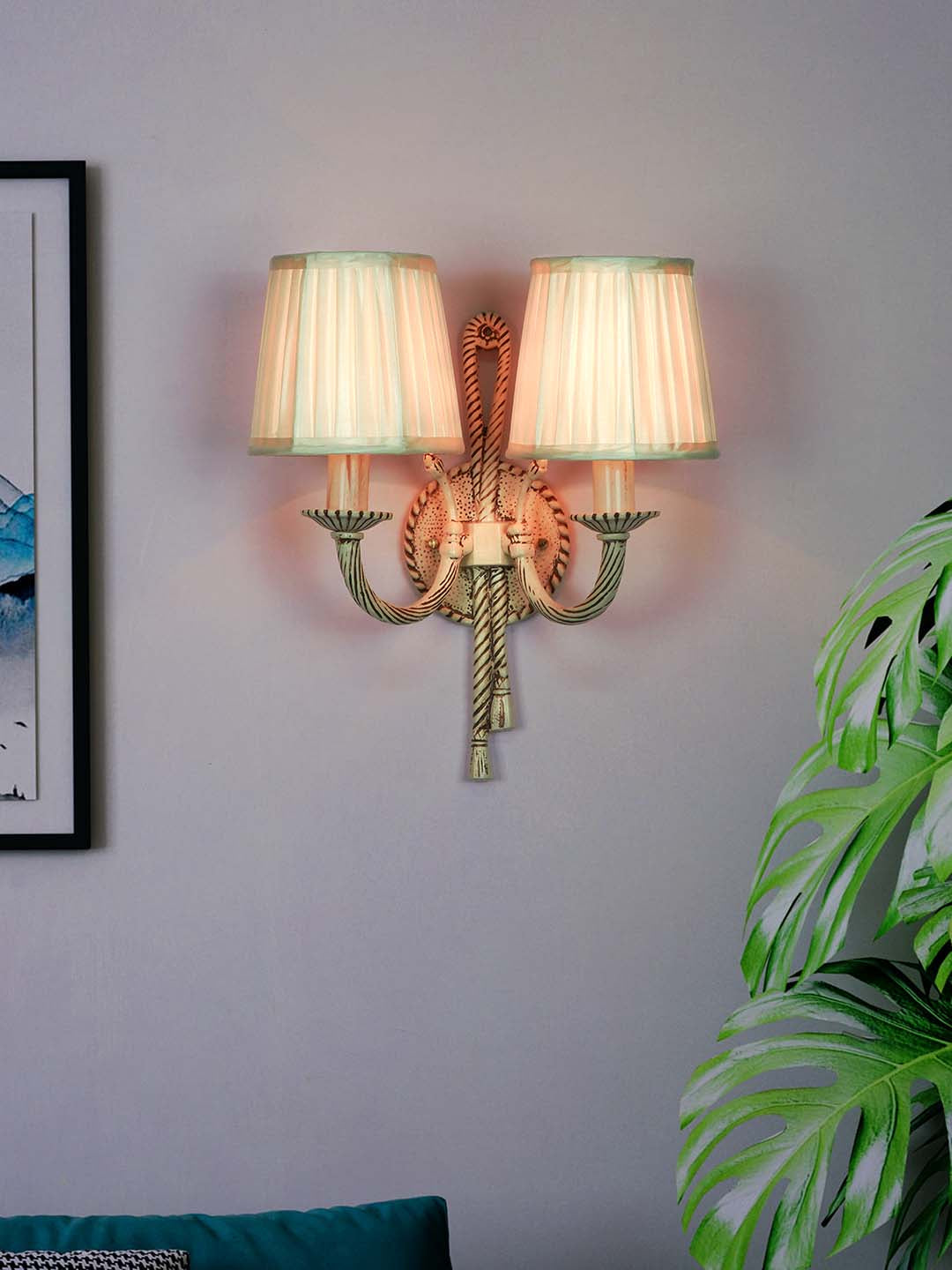 Distressed Creme Antique Aluminium Fabric 2-Light Wall Sconce – 35.6 cm