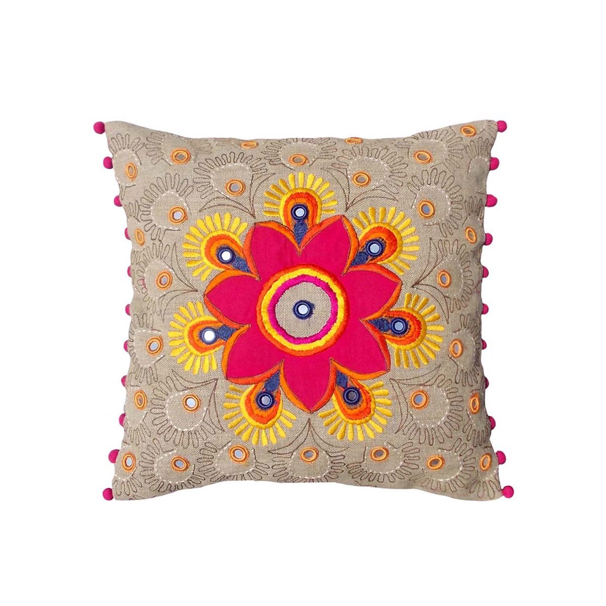 Folk Kutch Centre Embroidered Linen Cushion Cover