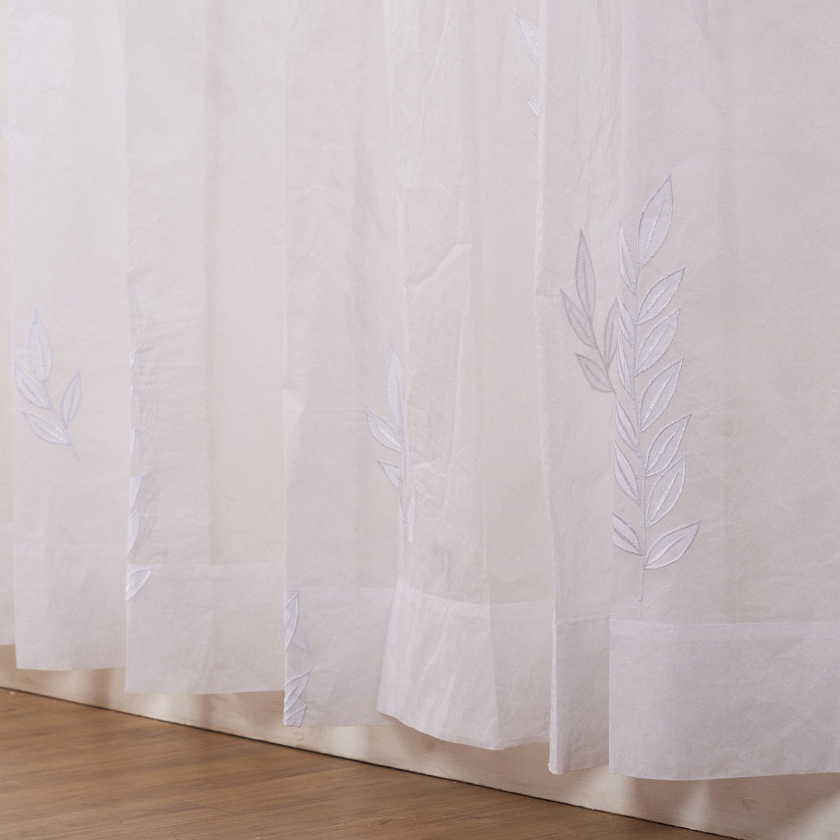 White Organdy Curtain Panel | Leaf Embroidery & Applique | 4 Hanging Styles | 52 × 63 & 52 × 84 inches