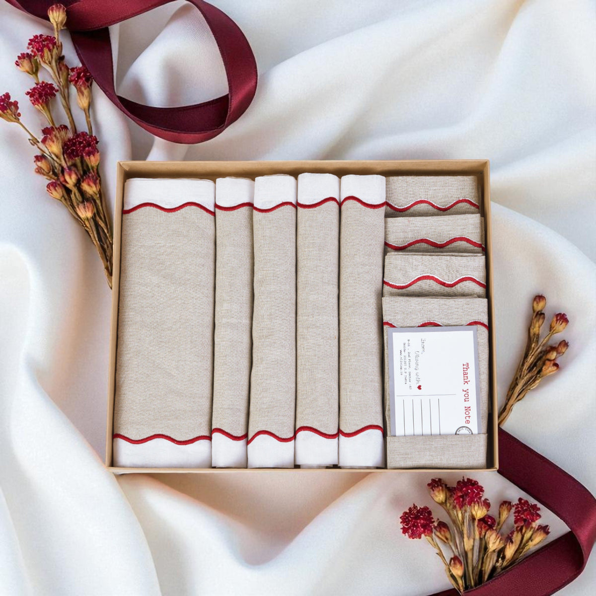 Christmas Table Linen GIFT PACK - in linen and cotton with wave scallop embroidery