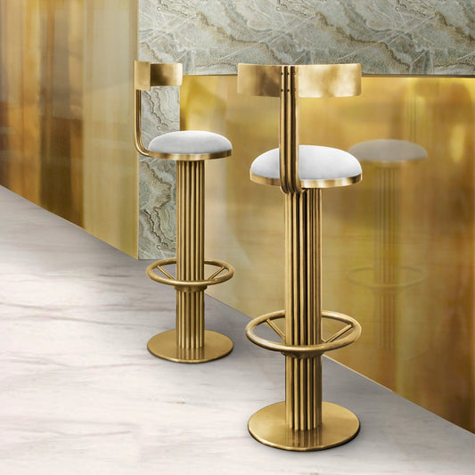 Luxury Mid-Century Gold Modern Bar Stool with White Leather Upholstery